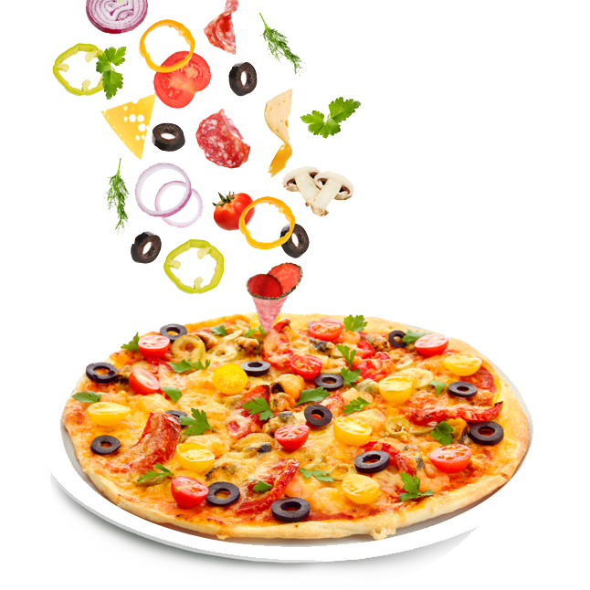 صورة طبق بيتزا مع مكونات متطايرة Pizza Take-out Italian png